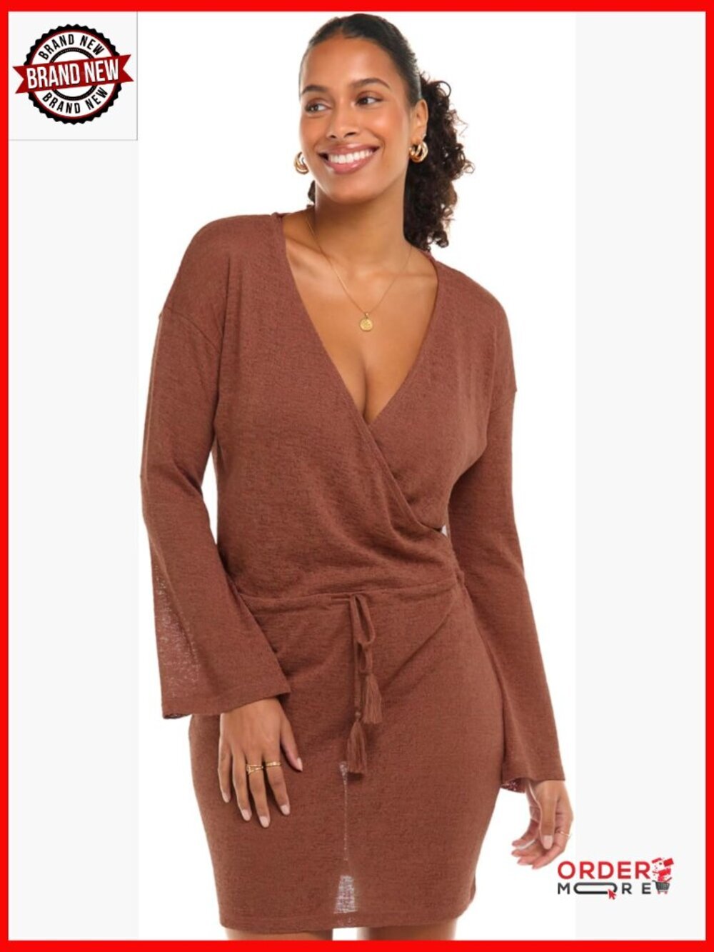 Women's Swim Cover Up Dress with Cross-Over Neckline Long Sleeves